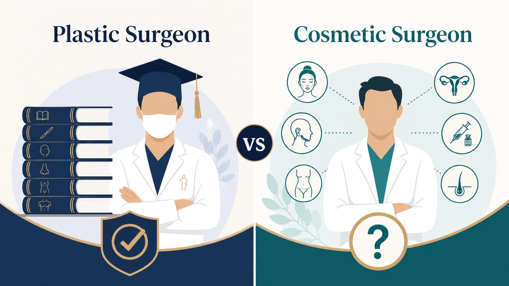 split-screen infographic comparing a plastic surgeon and a cosmetic surgeon. On the left, a plastic surgeon icon with a graduation cap, a stack of six books representing years of residency, and a verified checkmark badge. On the right, a cosmetic surgeon icon surrounded by multiple specialty symbols (dermatology, gynecology, ENT) with a question mark badge