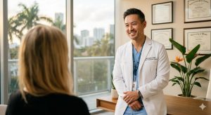 male plastic surgeon in a white medical coat and blue scrubs, smiling as he listens to a female patient (blurred in the foreground). They are in a modern, sun-drenched Miami office with a city skyline and palm trees visible through the window. Medical diplomas are on the wall