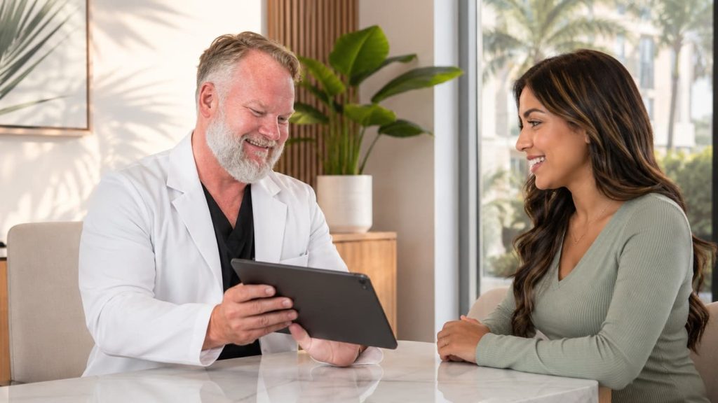 Female patient discussing breast augmentation cost in Miami with a board-certified plastic surgeon during a consultation in a modern Miami clinic