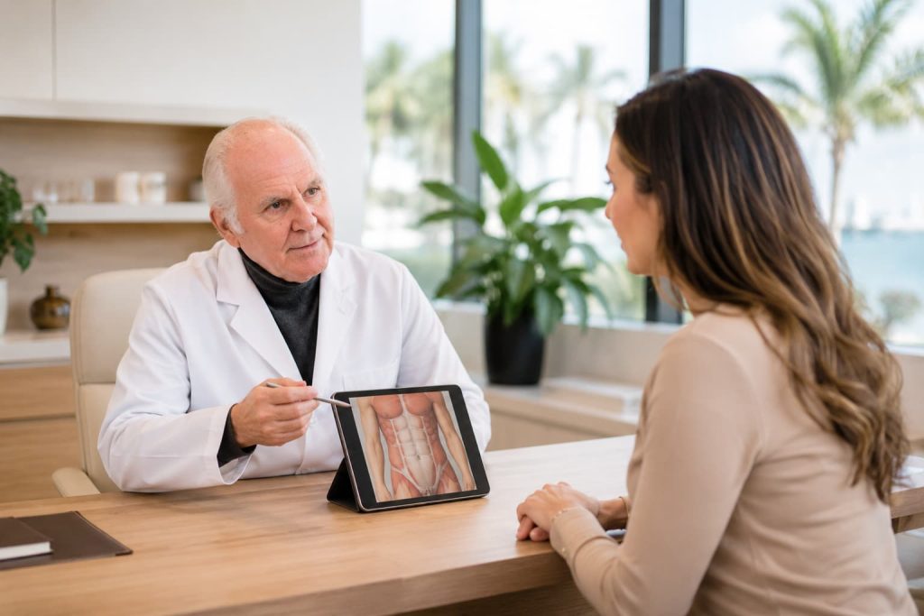 Board-certified plastic surgeon consulting with patient about mini tummy tuck at Smart Plastic Surgery in Miami