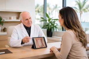 Board-certified plastic surgeon consulting with patient about mini tummy tuck at Smart Plastic Surgery in Miami