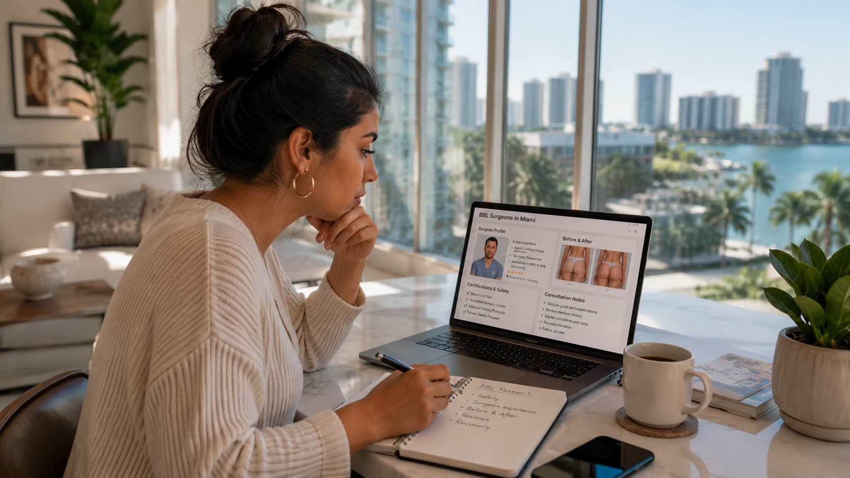 Hispanic woman researching BBL doctors in Miami on a laptop while comparing surgeon credentials and before-and-after results inside a modern apartment.